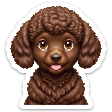 Cinematic Cute Chocolate Poodle Portrait Emoji, Head tilted playfully and inquisitively, showcasing a bouncy, curly chocolate Fur with a healthy sheen, round, sparkling brown eyes filled with curiosity, Simplified yet irresistibly adorable features, highly detailed, glowing with a warm, friendly glow, high shine, affectionate and lively, stylized with a touch of whimsy, bright and endearing, soft glowing outline, capturing the essence of a mischievous yet loving companion, so playful it feels like it could bounce out of the screen and into your arms! sticker