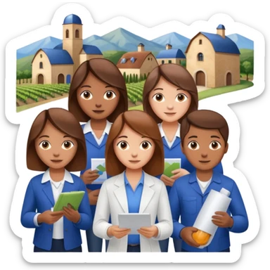 Make a photo of 5 project managers, specifically 3 girls with brown hair and 2 boys, that are making project for improvement of the winery sticker