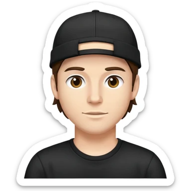 a white bro with brunette hair, wearing a black cap and a black shirt sticker