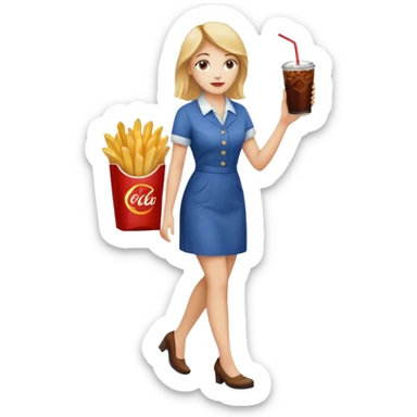 a young woman full length with cola in one hand and french fries in the other hand and a painting under her arm walking left sticker