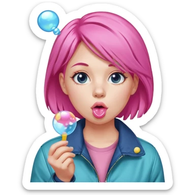 Pink-haired woman in jacket blowing bubble gum sticker