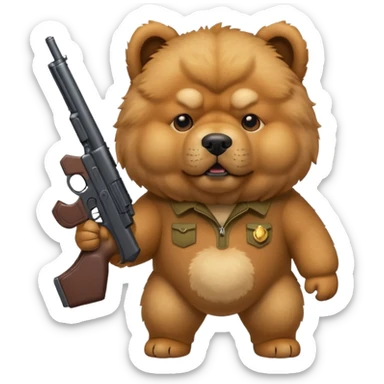 Funny realistic-style chow chow dog with light fur standing on its hind legs and holding a gun menacingly sticker