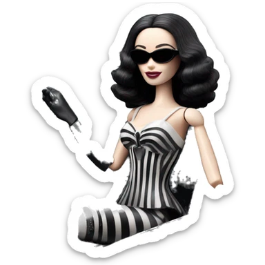 Darth Vader Barbie, 1910 teen Morticia Addams from academy, in dark-gray and black striped outfit. Smiling Driving Mercedes convertible sports car. Pale-white porcelain skin.  sticker