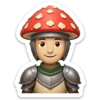 mushroom knight portrait, head and shoulders only, helmet made entirely of a large mushroom cap, textured mushroom surface, tiny fantasy armor collar, heroic smile, magical forest vibe, 3D cartoon, mobile game icon style, clean background, no text, no watermark
 
 sticker