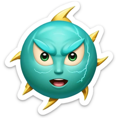Uranus planet emoji in Apple-style, blue-green with dynamic rings, large fun excited expressive face, big bold lightning bolt, symbolizing chaotic unexpected energy sticker