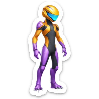 A Lizard-Reptile-Raptor-Alien-Genesect-Mewtwo-Fakémon, with a futuristic visor-helmet, wearing a techwear-suit, Full Body sticker