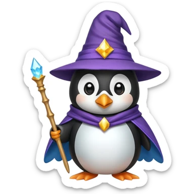 penguin dressed as a wizard with a pointy hat and magic wand, fun emoji style sticker