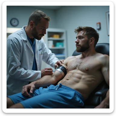 hyperrealistic 4K scene of athlete undergoing blood draw in laboratory, coach observing and taking notes, clinical atmosphere, detailed sticker