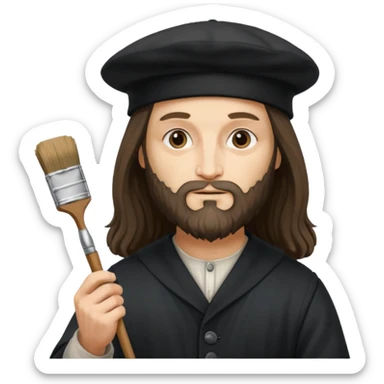 Leonardo da Vinci wear black beret hat, hold a brush sticker