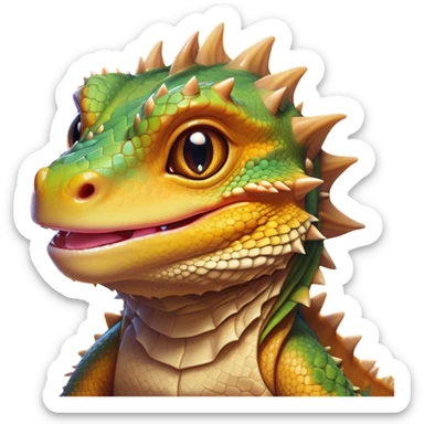 Cinematic Cute Bearded Dragon Portrait Emoji, Head tilted playfully and inquisitively, featuring a glossy, scaled hide in warm olive hues with an adorably scrunched spiky beard and round, sparkling eyes full of curious mischief, Simplified yet irresistibly adorable features, highly detailed, glowing with a warm, friendly glow, high shine, affectionate and lively, stylized with a touch of rugged whimsy, bright and endearing, soft glowing outline, capturing the essence of a mischievous yet loving dragon, so playful it feels like it could scamper out of the screen into your arms! sticker