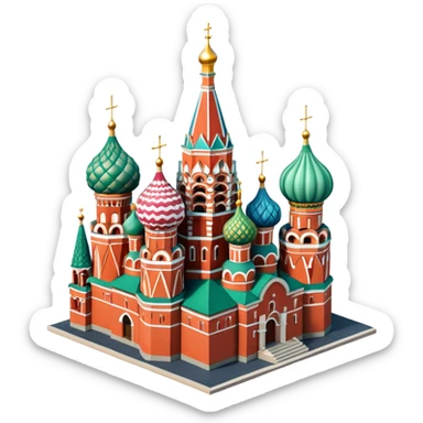 Isometric illustration of Moscow, featuring photorealistic Saint Basil's Cathedral with colorful onion domes, hand-drawn painterly details, subtle texture on bricks and roofs, realistic shadows and soft lighting, muted yet vivid color palette, diorama miniature effect. sticker