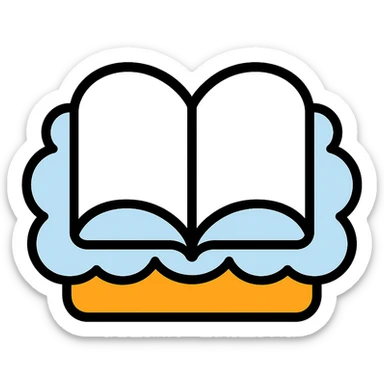 open thick white book made of fluffy white clouds, colorful outlined icon style sticker