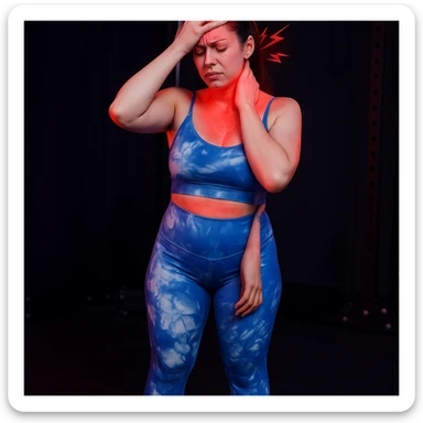 Realistic style edit of the girl identical to the photo with one hand on the forehead and one on the neck, expression of headache and cervical pain. Pain symbols like redness and lightning on neck and head. sticker