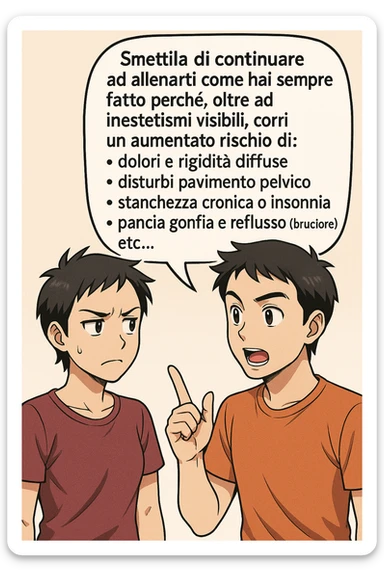 TRASFORMA QUESTO CAROSELLO IN UN FUMETTO STILE MANGA A COLORI CON QUESTE DUE PERSONE IDENTICHE CHE INTERLOQUISCONO TRA LORO:

LUI (UOMO): Smettila di continuare ad allenarti come hai sempre fatto perché, oltre ad inestetismi visibili, corri un aumentato rischio di:
    • dolori e rigidità diffuse
    • disturbi pavimento pelvico
    • stanchezza cronica o insonnia
    • pancia gonfia e reflusso (bruciore)
    • etc… sticker