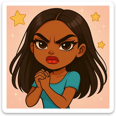 Change her expression to angry, keep her as a 20-year-old anime Bratz style woman with dark skin, dark hair, crying laughing outfit style, big expressive eyes, and glossy lips. Maintain the anime Bratz style and the original look except for the angry expression. sticker