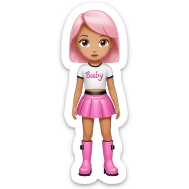 Mini latex skirt and boots and short top with pink inscription “Baby girl” sticker