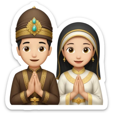 javanese person with shy smile (male) with blangkon hat and prayer hand, and also a javanese bride with sanggul and a shy smile sticker