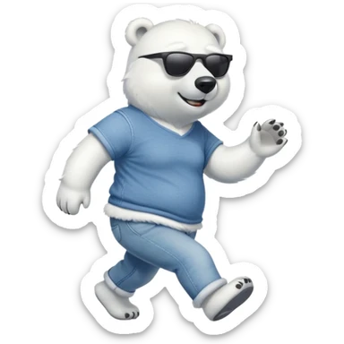friendly anthropomorphised polar bear in jeans and a t-shirt, wearing dark sunglasses, jogging upright, relaxed pose sticker