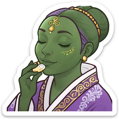 meme emoji of a person enjoying a soothing face rub with Slaanesh iconography subtly incorporated, purple and gold accents, ornate patterns, sense of pleasure and excess sticker