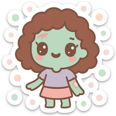 zombie girl with curly brown hair and brown eyes, stylized illustration sticker