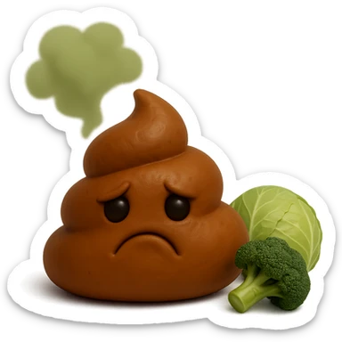 emoji stile iphone feci tristi realistiche 3d con nuvoletta verde che esce simboleggiando puzza e con accanto cavoli e broccoli, realistico 4k
 sticker