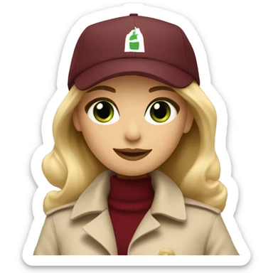 Blonde girl with green eyes in beige trench coat and burgundy baseball cap written Paris on it  sticker