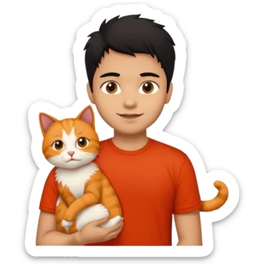 Indian Brown guy with black hair in red t-shit with orange cat sticker