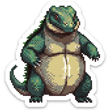 A pixelated fat komodo dragon with a big round belly, mid-hiccup with its body slightly jumping sticker