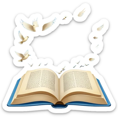 Icon for Poetry Reading: an open book with verses on the pages, from which fly pages transforming into a large flock of small white birds soaring into the blue sky. The icon should evoke the freedom and beauty of poetry. Transparent background. sticker