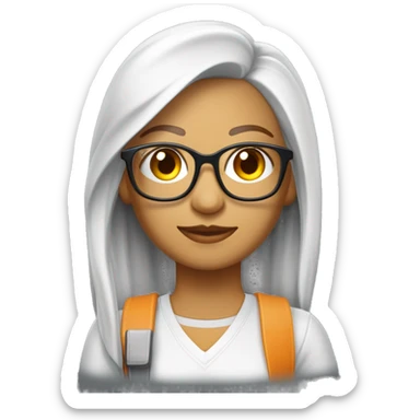 Profesora de plástica con el pelo medio largo rubio anaranjado con los ojos marrones y gafas redondas una camiseta blanca y tejanos y lleva pinceles y colores  sticker