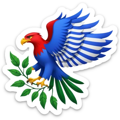 
> Blue vertical stripe | White vertical stripe with a red eagle in the center, green leaves around it, and black text above and below | Green vertical stripe.




 sticker