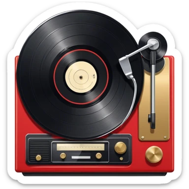 Icon for Vinyl Record Collecting: large black, golden and red vinyl records in decorative packaging featuring artist images, neatly arranged on a wall or shelf, modern vinyl record player. The icon should reflect the aesthetic and artistic aspect of collecting vinyl records. Transparent background. sticker
