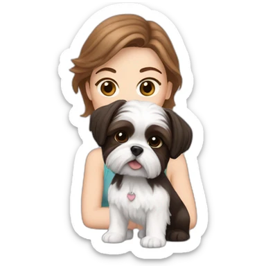 A white woman with brown hair accompanied by a white and black Shih Tzu puppy sticker