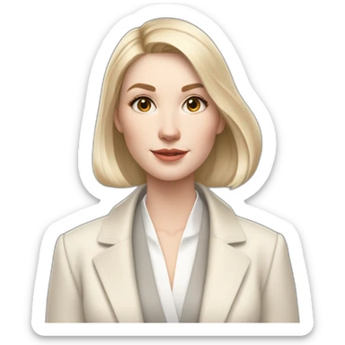 pale skin woman with ash blonde Straightened bob Hair, White Spacious classical jacket, beige palazzo Arrow pants and gray blouse holding white IPhone 14 pro in the hands sticker