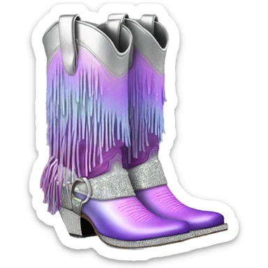 Realistic silver and pastel purple ombre pair of fashion cowgirl boots with sparkly shiny glitter fringe on them. sticker
