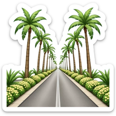 palm tree lined pedestrian pathway with tall green palm trees on both sides, flowering bushes on each side, clear blue sky, bright sunny weather with symmetrical perspective view down the road. grey concrete road. warm tropical holiday vibe sticker