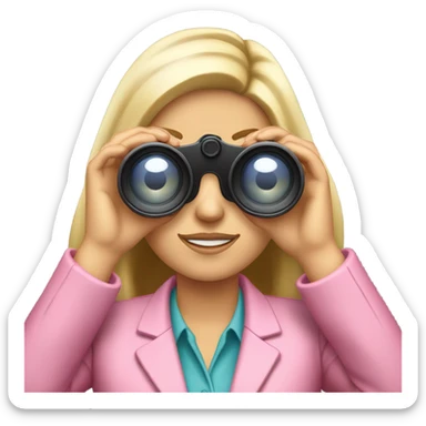 secretary style white female employee in pink suit using binoculars with long loose hair. must look straight in front of a camera sticker