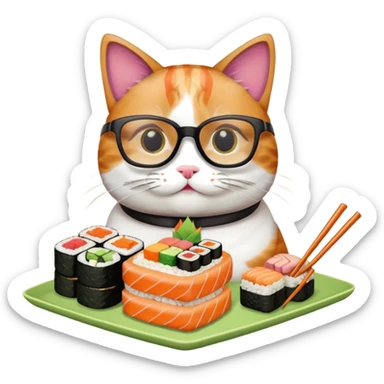 cat with cool square shaped glasses eating a birthday cake made out of sushi sticker