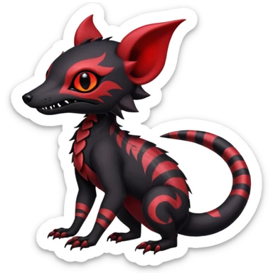 Rare warm-colored exotic gloomy tropical edgy cute epic aesthetic spooky black red gothic colorful Salandit-Noibat-Civet-species-Fakemon-hybrid-creature, with tribal tattoo markings, full body sticker