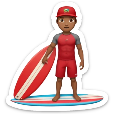 Dark muscular surfer wearing red board shorts Hawaii wearing a baseball cap sticker