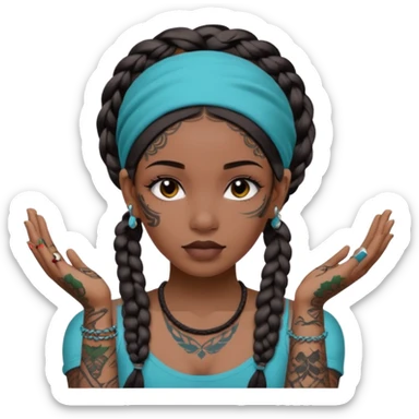 big lose braids starting from the top of the head woman face wiith big visible braids and mono color headband on head  face and braids as big as headband and lots and lots of face tattoos colored tattoos like a tattoo artist sticker