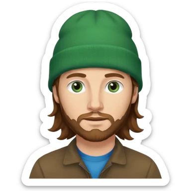 white man
aged 40
Blue eyes, 
mid length brown wavy hair
Green beanie hat sticker