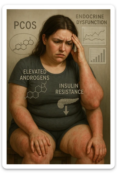 cinematic realistic in italiano Woman with PCOS struggling with hormonal chaos, transparent overlay showing elevated androgens and insulin resistance affecting her body, lipedema causing disproportionate fat accumulation in legs and arms despite normal torso, expression of frustration with unexplained weight gain, medical charts showing complex endocrine dysfunction, painful swollen limbs contrasting with metabolic confusion scrivi in italiano sticker