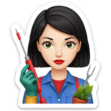 I like it! Can you make her dark haired? Rockabilly vibes are good. I like the third one and last most. Could you leave the screwdrivers? She's more like the organised one. Perhaps give her washing gloves or something. Or gardening gloves. sticker