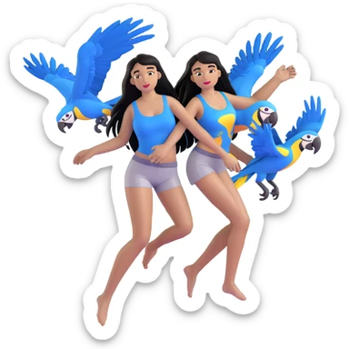 woman with long straight black hair, light brown skin, with blue macaws flying around her, and the three arches of Atalaia Beach (Aracaju-SE) in the background sticker