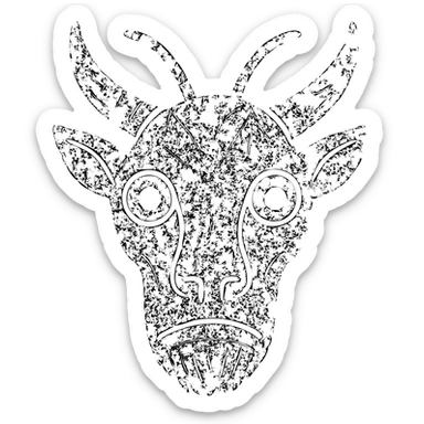 a highly abstract and minimalist red icon combining: stoat fur texture, minotaur skull with horn, frog eyes, elf facial structure, moth antennae, cat ears, platypus bill elements, and capybara nose, all fused into one bizarre chimeric head, extremely weathered with scratches, broken lines, and worn appearance, entirely red sticker
