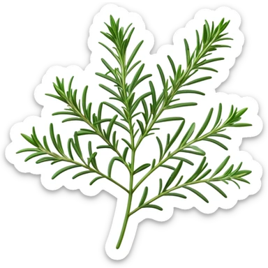 Cinematic Realistic Rosemary Emoji, Fragrant and fresh, with slender green stems covered in needle-like leaves, which release a distinctive herbal scent. The plant seems to exude energy, with soft sprigs of leaves stretching upwards. Soft glowing outline, capturing the essence of earthy healing and aromatic delight in a sprig of rosemary! sticker