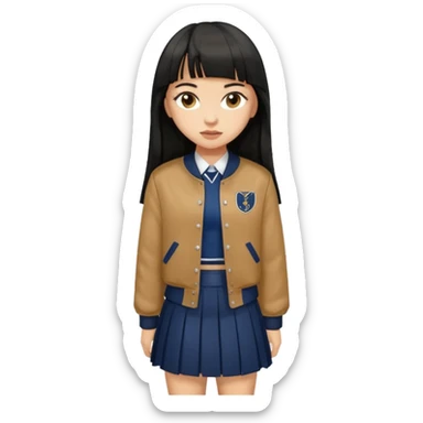 hair : black long hair with fringe 
skin : light 
cloth : brown varsity jacket + navy long long school girl skirt 


 sticker