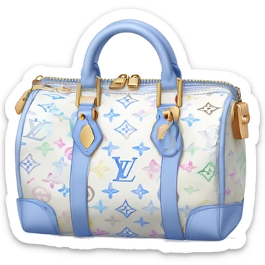 White Designer Louis Vuitton bag with periwinkle monogram and trim sticker