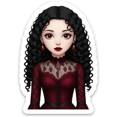 A girl with a dark red goth vampire look in a goth lace dress with long sleeves longer black curly hair sticker